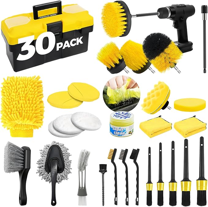 30Pcs Car Detailing Kit, Car Wash Cleaning Kit, Auto Detailing Drill Brush Set, Car Cleaning Gel, Car Cleaning Supplies for Interior, Exterior, Wheels, Windows