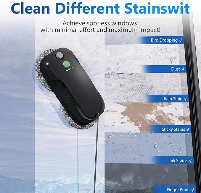 Tosima W5 Window Cleaning Robot, Dual Direction Auto-Spray Smart Window Cleaner with Triple Safety System, Smart Navigation, Remote Control, for All Smooth Surfaces, with 8 Rags, Black