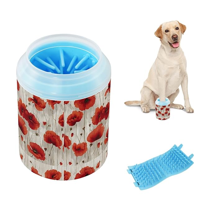 Dog Paw Cleaner Cups for Dogs Pets Foot Washer Paw Scrubber for Medium Small Cats Dogs Cute Cleaning Cup Rustic Red Poppy Flowers