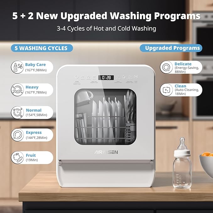 AIRMSEN Narrow Countertop Dishwasher with 5L Water Tank, Portable Dishwasher with 14.6" Narrow & 20.1" Deep Design, 9 Programs, 24H Delay Start & 360° Dual Spray, No Hookup Needed, C01, White