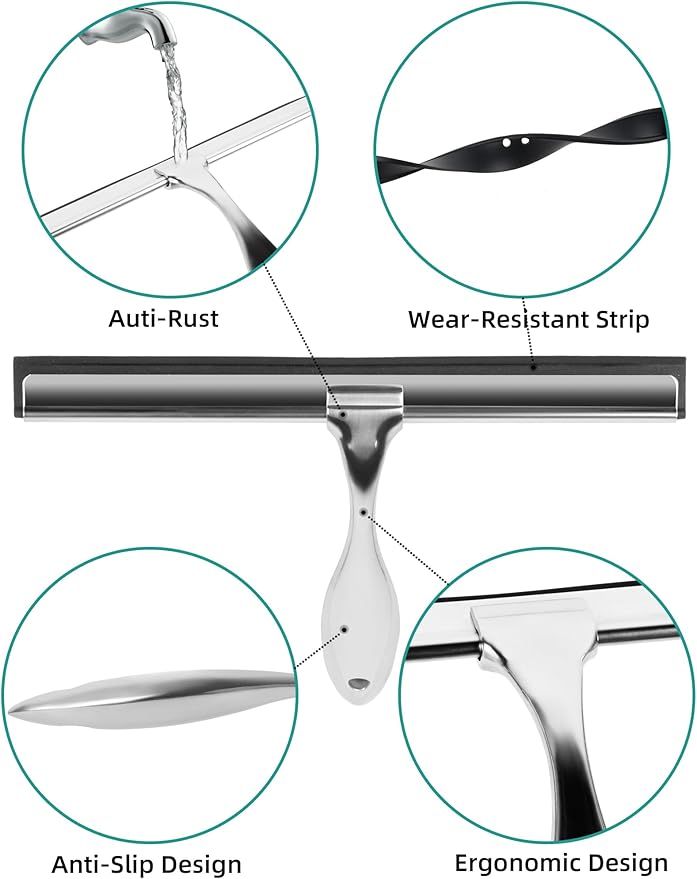 All-Purpose Stainless Steel Shower Squeegee Come with S Hook, 2 Square Sticky Hook 2 Rubber Strips Shower Squeegee for Glass Doors, Windows, Mirrors, Tiles and Car Glass -14 Inches Silver