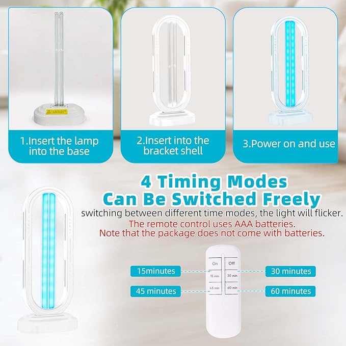 UV Light Sanitizer,4-Speed Timing and Remote Control UVC Home Disinfection Device,Ultraviolet Light Sanitizer for Dust Mites,UV Lamp for Whole Room,White