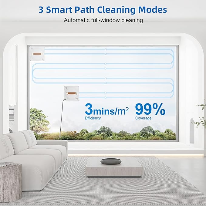 Window Cleaning Robot, 3000Pa Auto Automatic anti-slip system, Three intelligent cleaning path modes Ultrasonic automatic dual-direction water spray system Cleans glass, tiles, marble, and wood panels