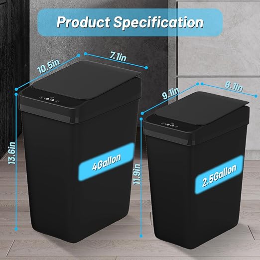 Procade 2Pack Touchless Bathroom Trash Can with Lid,4 Gal &2.5 Gal Slim Automatic Garbage Can, Auto Skinny Plastic Trash Bin, Small Motion Sensor Trash Bin for Bedroom, Bathroom, Office,RV(Black)