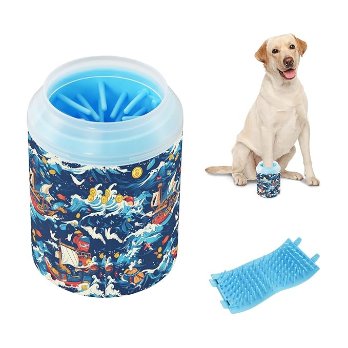 Dog Paw Cleaner Cups for Dogs Pets Foot Washer Paw Scrubber for Medium Small Cats Dogs Cleaning Cup Pirate Ship and Sea Waves Seagulls