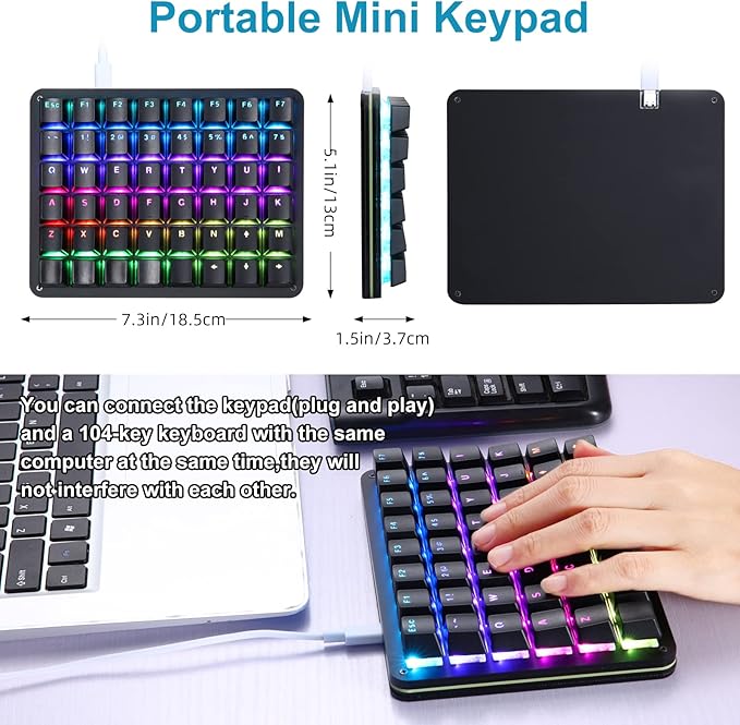 Koolertron One Handed Mechanical Gaming Keyboard, 48-Key Fully Programmable Mini Keypad, Mini USB Macro Keyboard with RGB LED Backlit, for Windows PC Gamer (48 Keyboard/Red Switches)