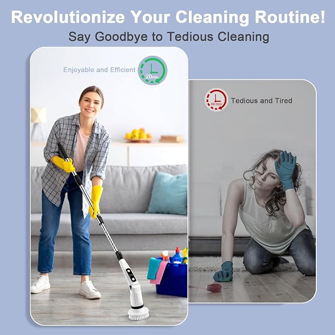 IEZFIX Electric Spin Scrubber, Bathroom Cleaning Brush, Shower Scrubber with Long Handle Adjustable, Cordless Cleaner Brush for Bathtub Kitchen Wall Household Cleaning Helper