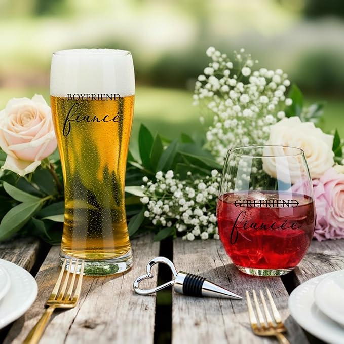 AW BRIDAL Engagement Gifts for Couples and Women, Fiance Wine Glasses and Beer Mug Set for Her, Newly Wed Gift for the Couple 2026, Mr and Mrs Wedding Beer Mug with Wine Stopper for Bride to Be