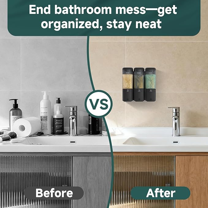 Shampoo and Conditioner Dispenser 3 Chamber No Drill Shower Soap Dispenser Wall Mounted Shampoo Conditioner Body Wash Refillable Bathroom Shower Dispenser (Black+Smoke Gray 3 Chamber)