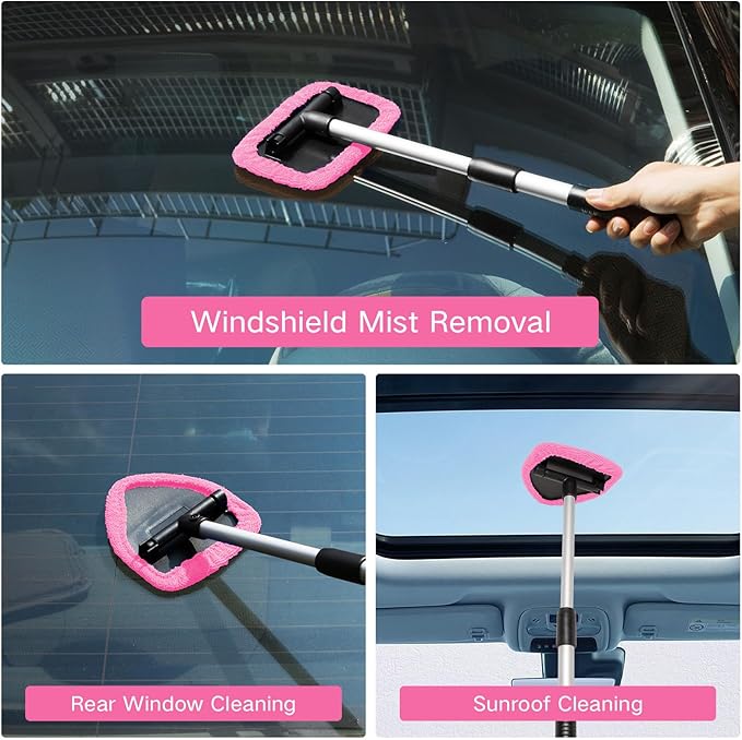 7pcs Windshield Cleaner Tool Car Window Cleaning Wash Kit with 4 Reusable Microfiber Pads 1 Spray Bottle and Extendable Handle Auto Glass Wiper Kit, Pink