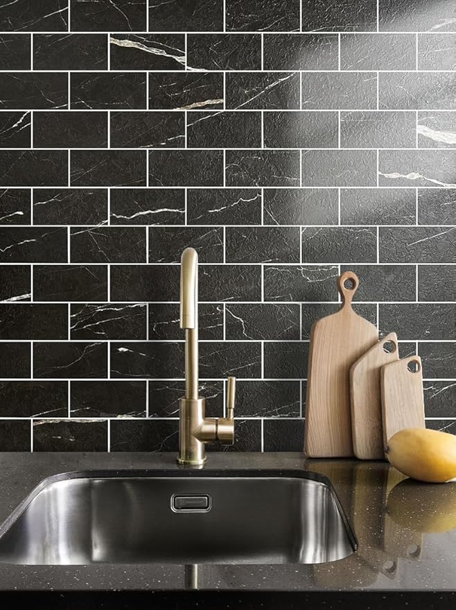 AULIGET Faux Stone Backsplash Peel and Stick PVC Tile, 3 Inch x 6 Inch Black Marble with White Grout Stick on Tiles for Backsplash, Pack of 4