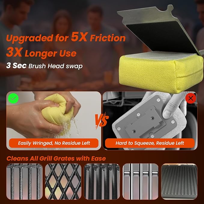 Grill Brush Bristle Free w/Replaceable Yellow Head, Enamel Safe, 17" Long Handle Grill Cleaner for Outdoor BBQ & Griddle, MAX Stainless Steel Scraper, Corner Reach for Cast Iron Steel