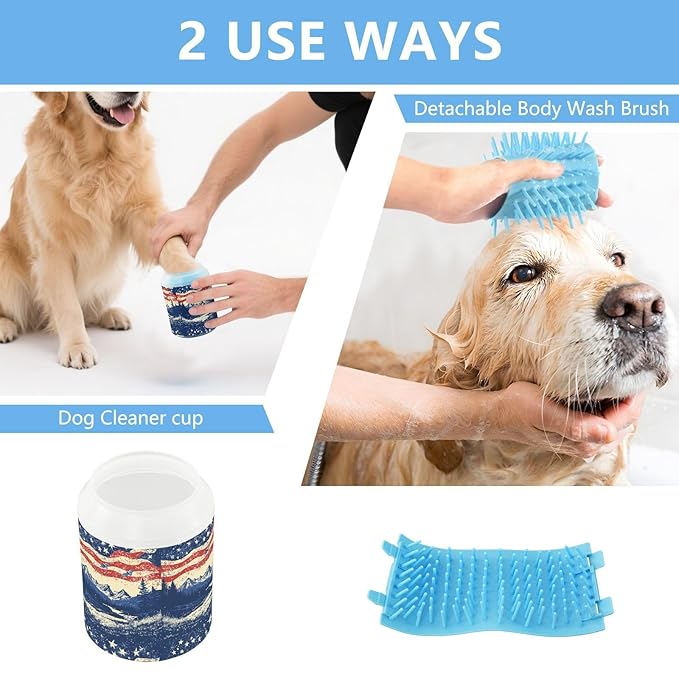 Dog Paw Cleaner Cups for Dogs Pets Foot Washer Paw Scrubber for Medium Small Cats Dogs Cute Cleaning Cup July 4th Flags Mountains Blue