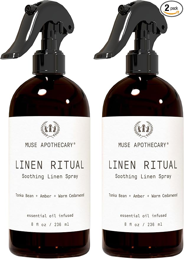 Muse Apothecary Linen Ritual - Aromatic, Soothing, and Relaxing Linen Mist, Laundry and Fabric Spray - Infused with Aromatherapy Essential Oils - 8 oz, Tonka Bean + Amber + Warm Cedarwood, 2 Pack