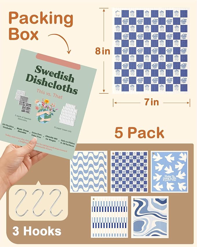 Swedish Dishcloths for Kitchen with Hooks - Reusable Dish Cloths for Washing Dishes Fast Drying Cute Fun 5 Pack Swedish Dish Towels Washable Cleaning Sponge, Blue Geometrical