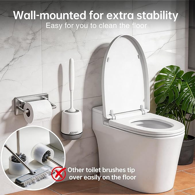 Lefree Silicone Toilet Brush and Holder, Bathroom Cleaner Brush Set, Non-Slip Handle Toilet Bowl Brush with TPR Soft Bristle, Wall Mounted/Floor Standing