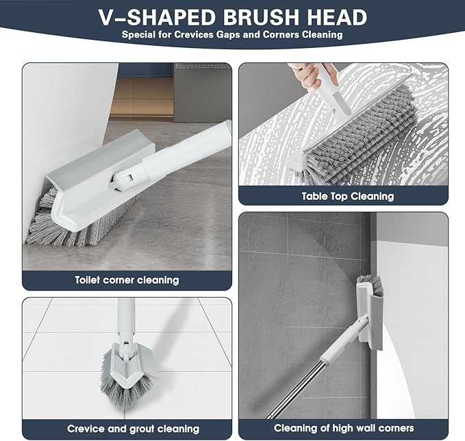 Floor Scrub Brush with Long Handle, 2 in 1 V-Shape Grout Brush with Squeegee + 2 Crevice Cleaning Brushes, Heavy Duty Stiff Bristle Scrubber Brush for Cleaning Shower Bathroom Kitchen Tile