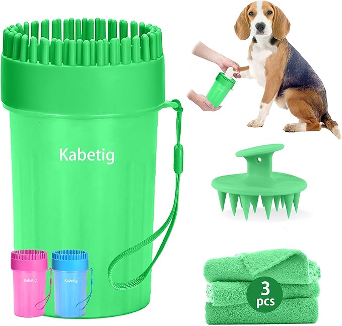 Quick Clean Dog Paw Cleaner 5-in-1 Kit, Green (Medium) - No Full Bath Needed, Post-Walk Paw Clean - with Silicone Bath Brush, 3 Microfiber Towels - Fits Corgi 1.2-2.5 In (3.05-6.35 cm)