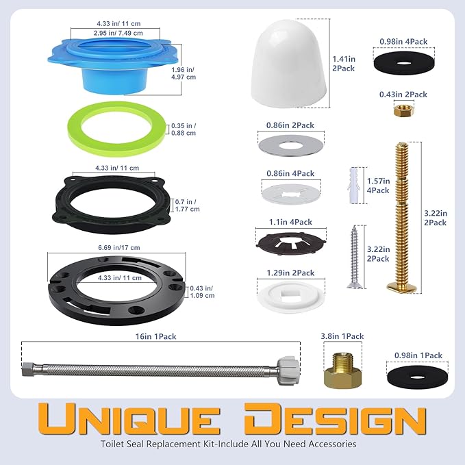 Toilet Flange Repair Kit with 16" Stainless Steel Supply Hose & Elastic Wax-Free Ring – Complete Toilet Installation Kit for 3"/4" Drain, DIY Toilet Repair Kit with No-Leak Seal