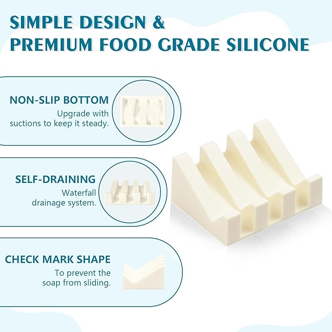 Self Draining Soap Dish Holder,Silicone Soap Dish,for Bathroom,Kitchen, Sponges，Can Extend Soap Life，Keep Soap Bars Dry and Easy Cleaning (Cream White,3-Pack)
