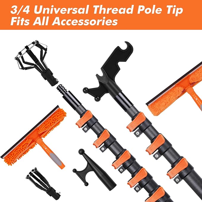 Window Squeegee with Carbon Fiber Extension Pole for Home, 3.5 to 12Ft Window Cleaning Kit Tool Outdoor, Lightweight Professional Window Washing Kit with Rotatable Head & 2 Scrubbers, 2 in 1