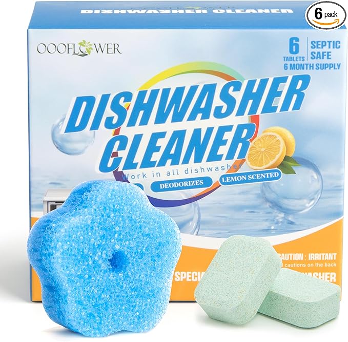 6-Pack Dishwasher Detergent and Deodorizer Tablets with Kitchen Sponge, Deep Clean Formula, Dishwasher Safe, Removes Scale, Odors, and Hard Water Residue (Lemon Scent)