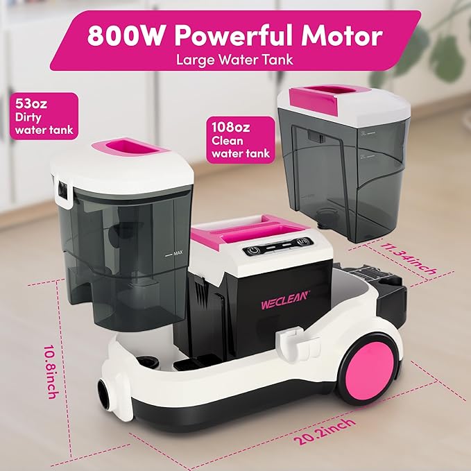 WECLEAN C4 Carpet Cleaner Machine with 800W 18KPa Portable Deep Cleaner with Stand-Up Cleaning Handle and Wide Squeegee, for Carpets, Rugs, Upholstery with 3L Clean and 1.5L Dirty Tank, Pink
