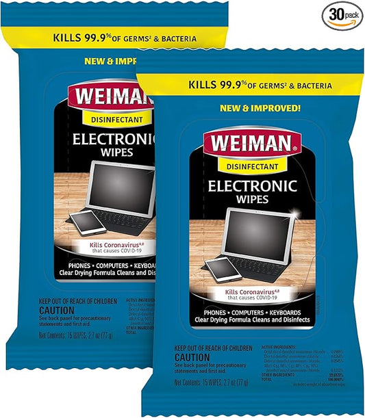 Weiman Electronic Disinfecting Wipes- 2 Pack - Safely Clean Your Laptop, Computer, TV, Screen Equipment-Electronic Cleaner Wipes-15 Count