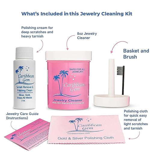 All Purpose Jewelry Cleaner Kit w/8oz Cleaning Solution & Polishing Cream, Basket & Brush - Jewelry Cleaner Kit for Gold, Silver, Diamonds, Rings, Gems & Precious Stones