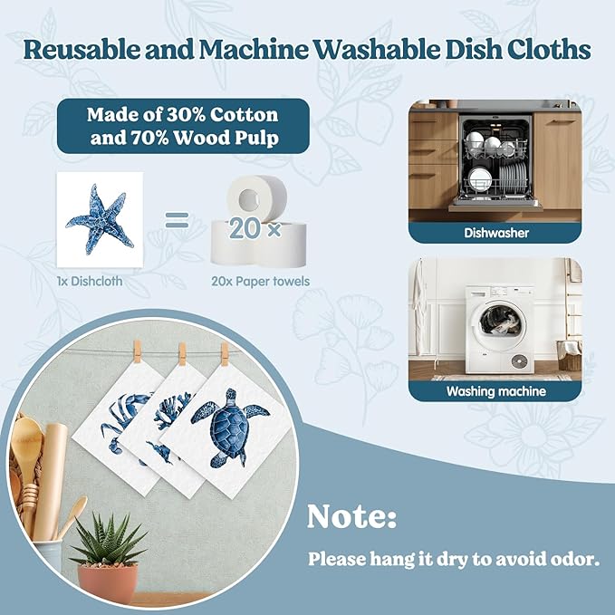 Swedish Dishcloths for Kitchen, Coastal Summer Ocean Beach Decor Kitchen Dish Towels for Washing Dishes, 4 Pack Reusable Paper Towels Washable, Sponge Cloths for Cleaning Home Kitchen Decor