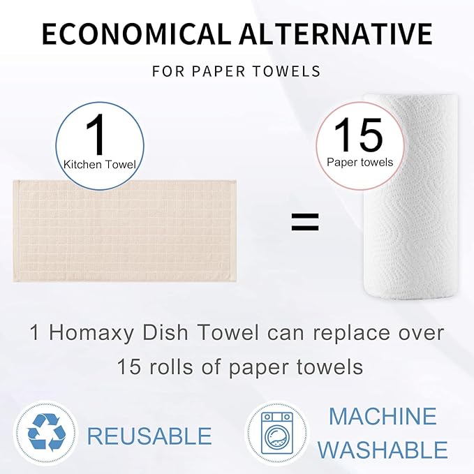 Homaxy 100% Cotton Terry Kitchen Towels(Beige, 13 x 28 inches), Checkered Designed, Soft and Super Absorbent Dish Towels, 8 Pack