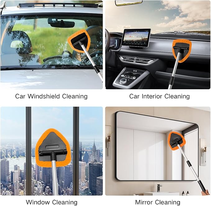 7pcs Windshield Cleaner Tool Car Window Cleaning Wash Kit with 4 Reusable Microfiber Pads 1 Spray Bottle and Extendable Handle Auto Glass Wiper Kit, Orange