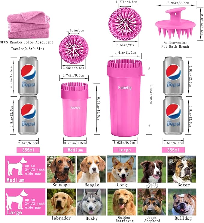 Quick Clean Dog Paw Cleaner 5-in-1 Kit, Pink (Medium) - No Full Bath Needed, Post-Walk Paw Clean - with Silicone Bath Brush, 3 Microfiber Towels - Fits Corgi 1.2-2.5 In (3.05-6.35 cm)