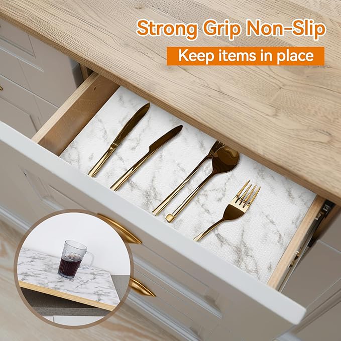 Shelf and Drawer Liner for Kitchen Cabinets Non-Adhesive, Strong Grip Non-Slip Thickened Cabinet Liners for Shelves, Waterproof Mats for Dresser Cupboard, Marble, 24 in x 20 Feet