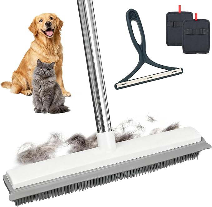 Pet Hair Removal Rubber Broom & Carpet Rake with Squeegee – 51” Adjustable Handle Cat & Dog Hair Remover Tool for Rugs, Hardwood, Tile, Cat Litter & Windows – Includes 2 Pack Grooming Gloves