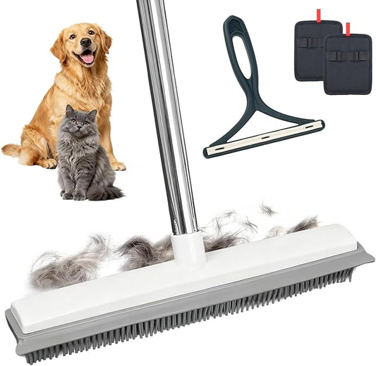 Pet Hair Removal Rubber Broom & Carpet Rake with Squeegee – 51” Adjustable Handle Cat & Dog Hair Remover Tool for Rugs, Hardwood, Tile, Cat Litter & Windows – Includes 2 Pack Grooming Gloves