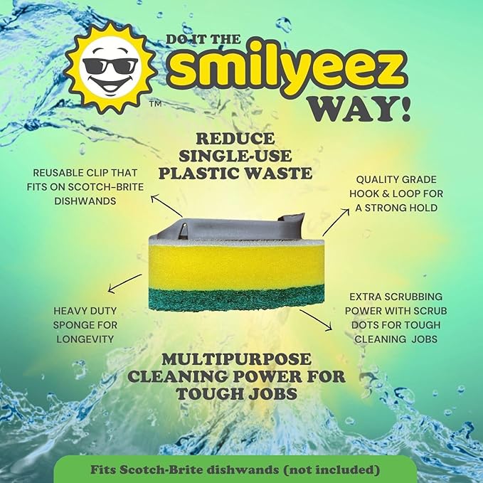 Smilyeez No Plastic Heavy Duty Green Dotted Sponge Refill (10 Pack) for Scotch Brite's Dishwand Refills with Adapter