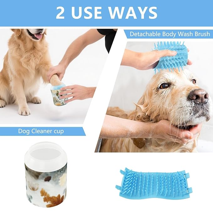 Dog Paw Cleaner Cups for Dogs Pets Foot Washer Paw Scrubber for Medium Small Cats Dogs Cute Cleaning Cup Beige Fox Flowers Mountains Leaves