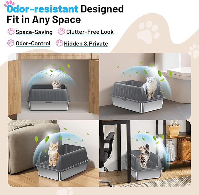 Stainless Steel Litter Box,Enclosed Cat Litter Box with High Sided Lid,Low Front Entry for Kittens,Small,Medium&Senior Cats,Leak-Resistant&Spill-Reducing,Easy to Clean,Scoop Included