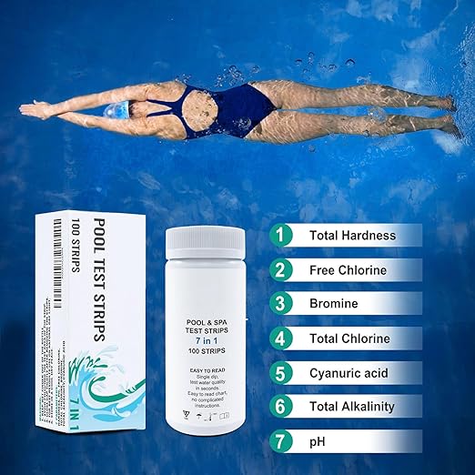 Swimming Pool Test Strips, 100 Piece Pool Tester Strips for Water, Accurate Water Quality Tester, for Maintenance, Homeowners, Swimmers, Hot Tub, Spa, Aquarium, Pond