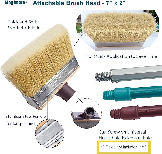 Deck Brush Stain Applicator by Magimate - Thick Soft Large Paint Brush Head with Threads for Extension to Apply Stain and Sealers on Wood Deck Floor Fence Walls - 7 Inch Wide