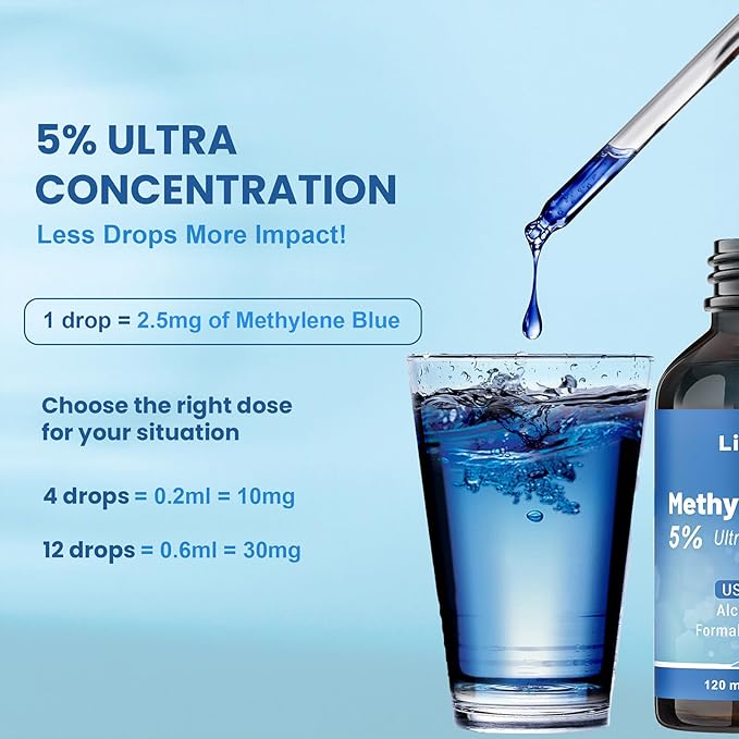 Methylene Blue Pharmaceutical Grade 5% Drops, 120 mL – High Purity 99.99% Methylene Blue for Humans, Formaldehyde and Alcohol Free (ups Grade)