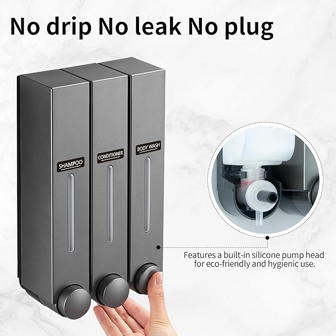 Shower Shampoo Dispenser 3 Chamber-Wall-Mounted Soap Dispenser for Bathroom,No-Drill Installation,42.6 oz Capacity,Shampoo Conditioner Body Wash Dispenser,Wall Mount Soap Dispenser for Shower