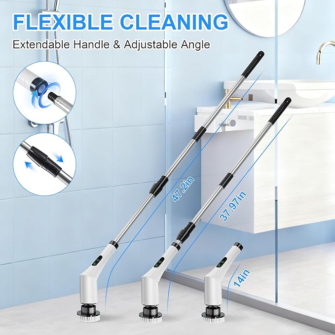 Electric Spin Scrubber, Cordless Shower Cleaning Scrubber with 9 Brush Heads, 2 Speed with Adjustable Extension Handle, Waterproof Bathroom Scrubber with LCD Display for Bathtub Kitchen Wall