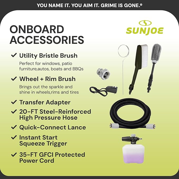 Sun Joe SPX3000-XT1 XTREAM 2,500 PSI Pressure Washer with 14.9A Motor, Includes 4 Quick-Connect Nozzles, High-Pressure Hose, Garden Hose Adapter, and 35-Foot Power Cord