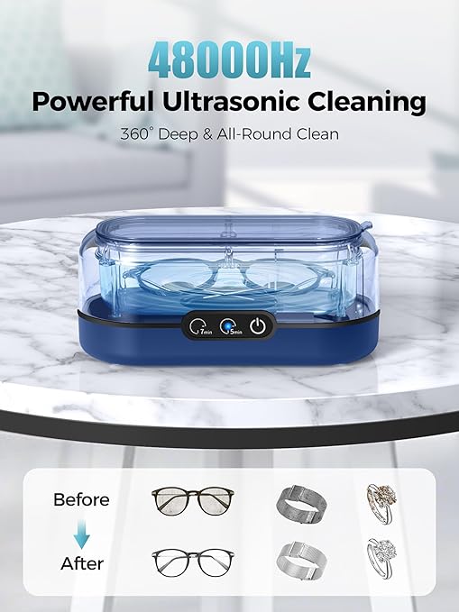 Ultrasonic Cleaner Jewelry, New 48000Hz Jewelry Cleaner Ultrasonic Machine with Dual Cleaning Modes, Suit for Eyeglasses, Rings, Retainer, Dentures,Watch Strap etc. (Dark Blue)