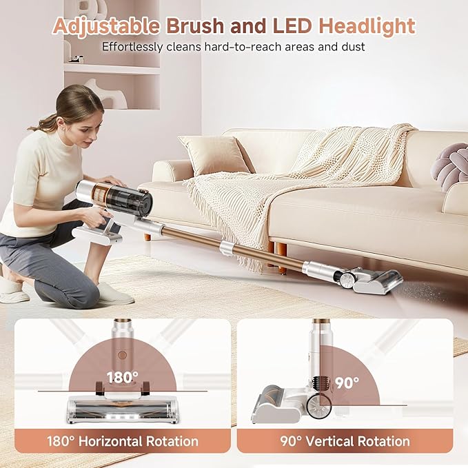 Cordless Vacuum Cleaner: 40KPA Powerful Suction Cordless Stick Vacuum Cleaners for Home, Anti-Tangle Brush, Lightweight, 6-in-1 Rechargeable Vacuum for Pet Hair/Carpet/Hard Floor(Off-White)