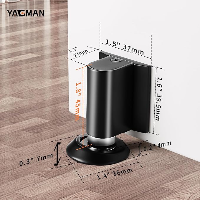Magnetic Door Stopper, Magnet Floor Door Stop Retractable, Door Magnetic Catch, Door Holder to Keep Door Open, No Drilling Mount with Adhesive, Black 1 Pack MB-1