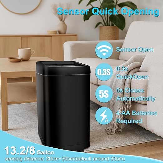 50 Liter / 13.2 Gallon Motion Sensor Trash Can with Roll Lid & Wheels - Automatic Touchless Trashcans for Kitchens, Bedroom, Office Trash Bin (Black)