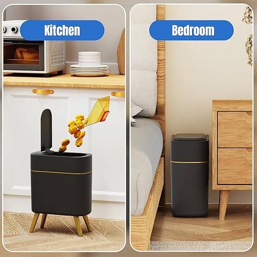 Yatmung Bathroom Trash Can Automatic Touchless Modern Smart Trash Bin - Narrow Waste Basket for Bedroom, Laundry Room, Office, Plastic - Motion Sensor Garbage Can with Lid - Black with Gold Edge